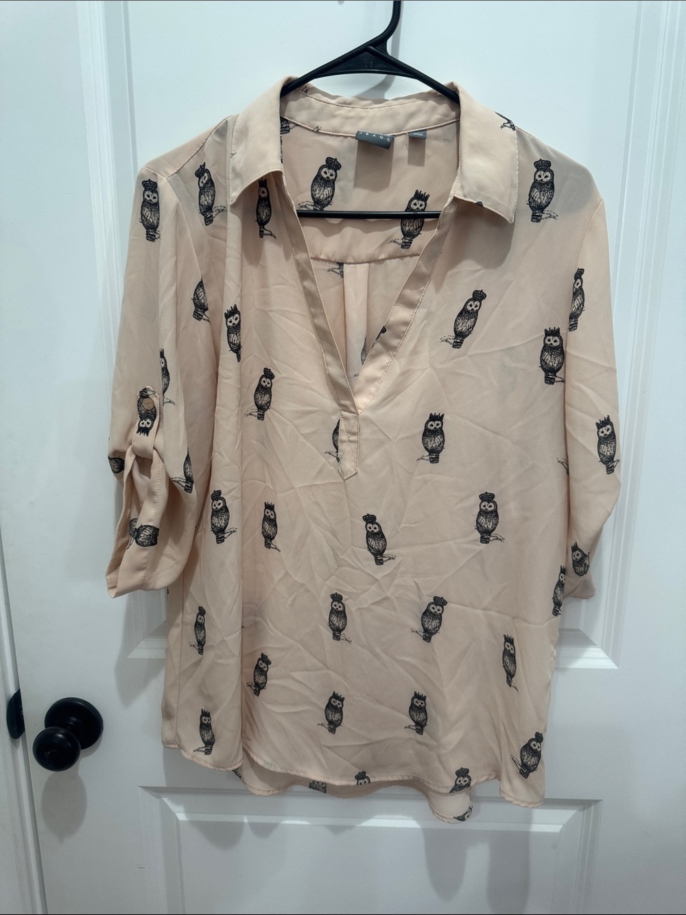 New York & Company Pink Blouse with Black Owl Print